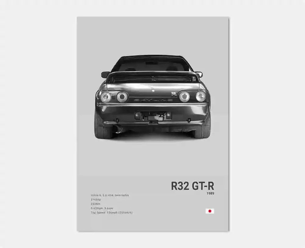 Poster of a car with 'R32 GT-R' text on a gray background