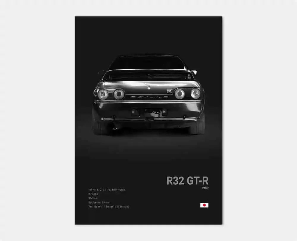 Black and white car poster with 'R32 GT-R' text on a dark background