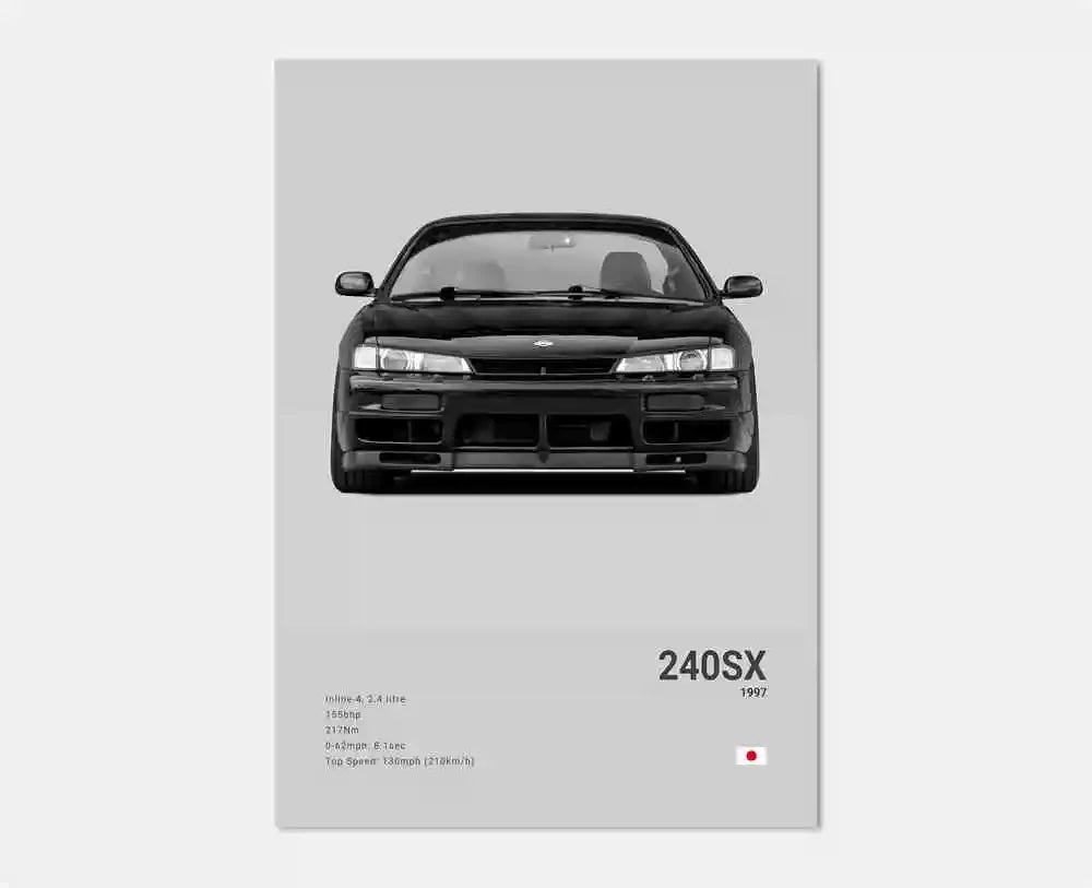 Car poster of a black 240SX on a gray background