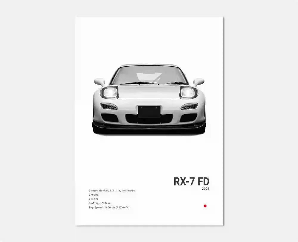 Car poster of a Mazda RX-7 FD with minimal design on a white background