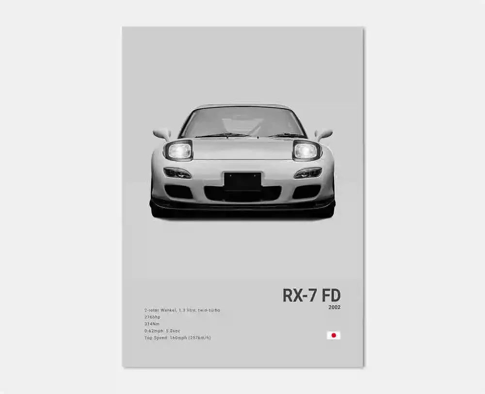 Poster of a car with text and design elements on a gray background