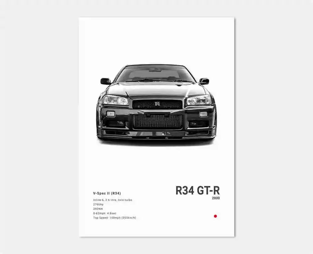 Nissan R34 GT-R poster on a white background
