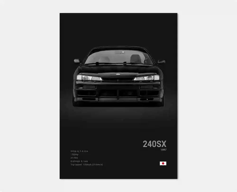 Black car illustration on a dark background with '240SX' text.