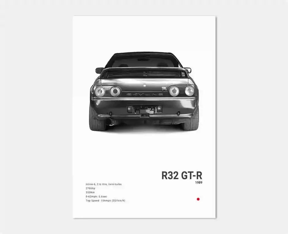 Black and white car illustration with 'R32 GT-R' text on a white background