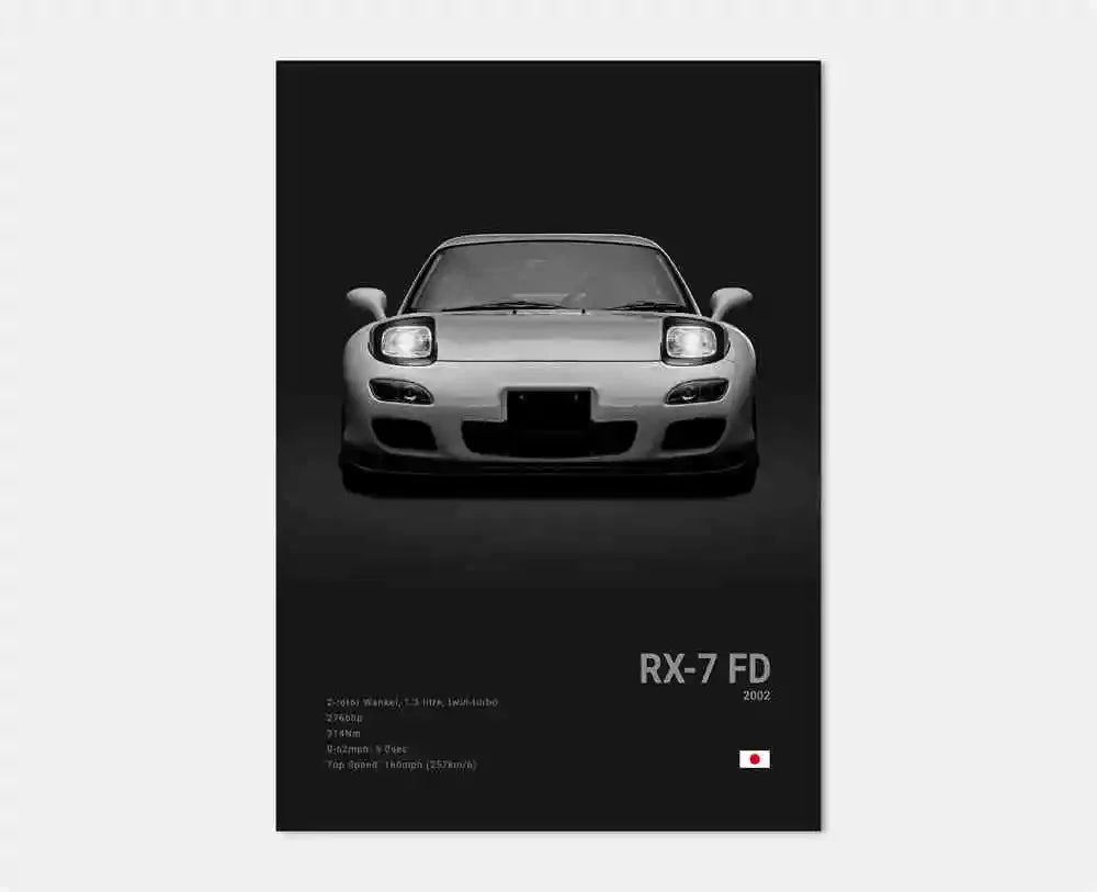 Poster of a car with 'RX-7 FD' text on a dark background
