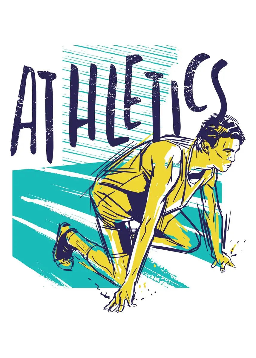 Illustration of a runner in a starting position with 'ATHLETICS' text above on a white background.