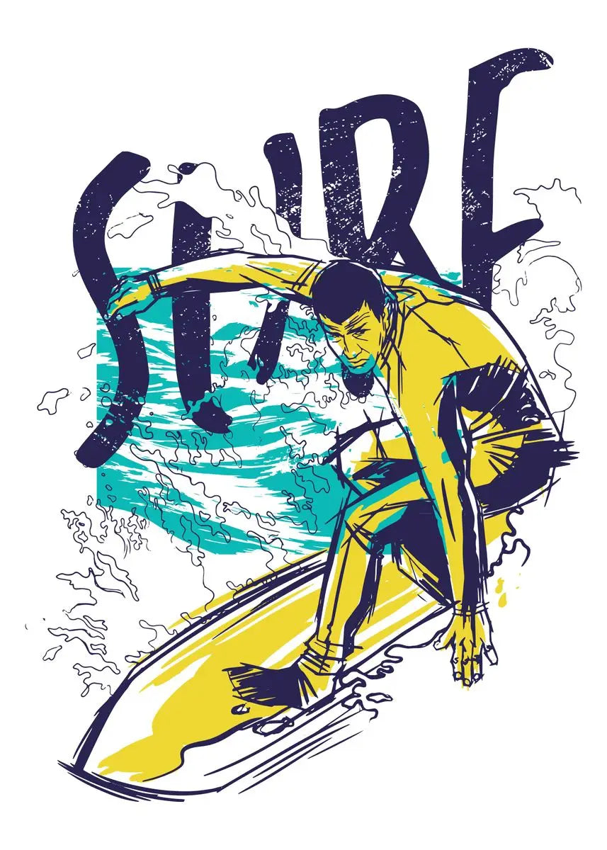 Illustration of a surfer on a wave with 'Surf' text in the background