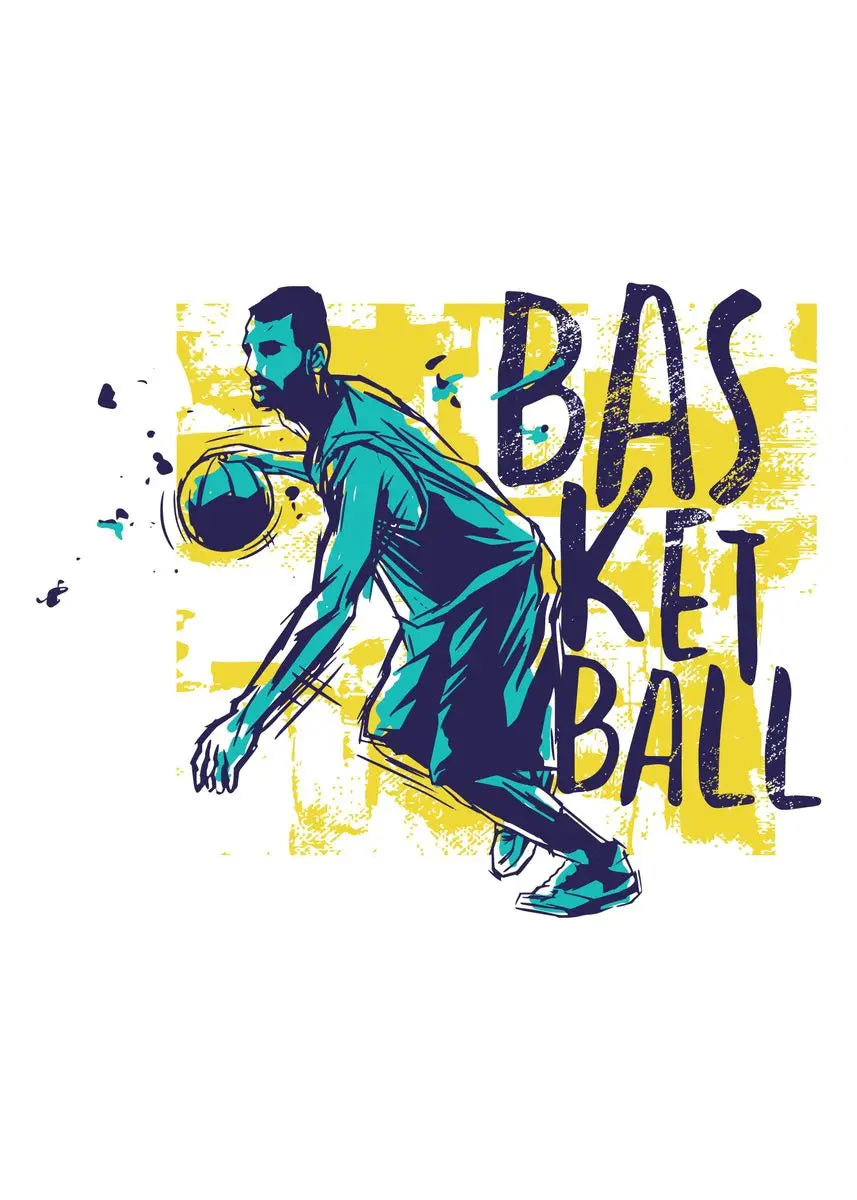 Illustration of a basketball player with the word 'Basketball' on a white background