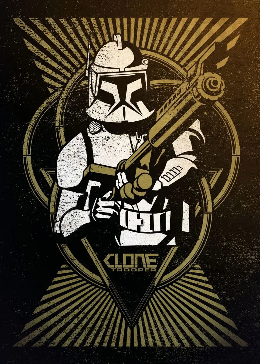 Illustration of a clone trooper holding a rifle on a dark background