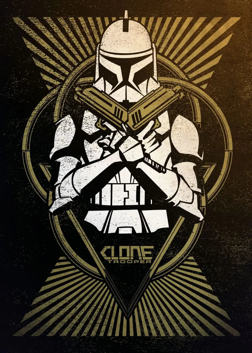Design of a clone trooper with a starburst pattern on a dark background