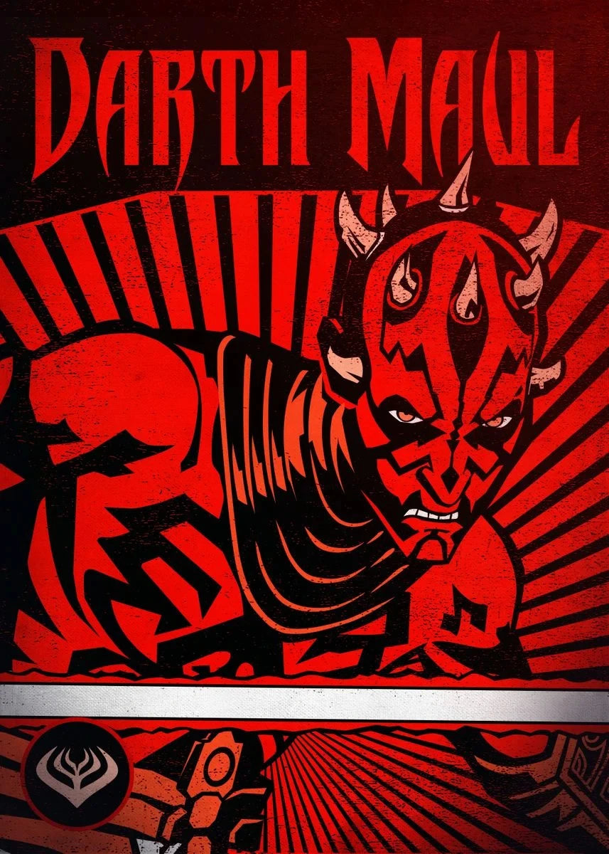 Stylized illustration of Darth Maul with red and black colors on a dark background