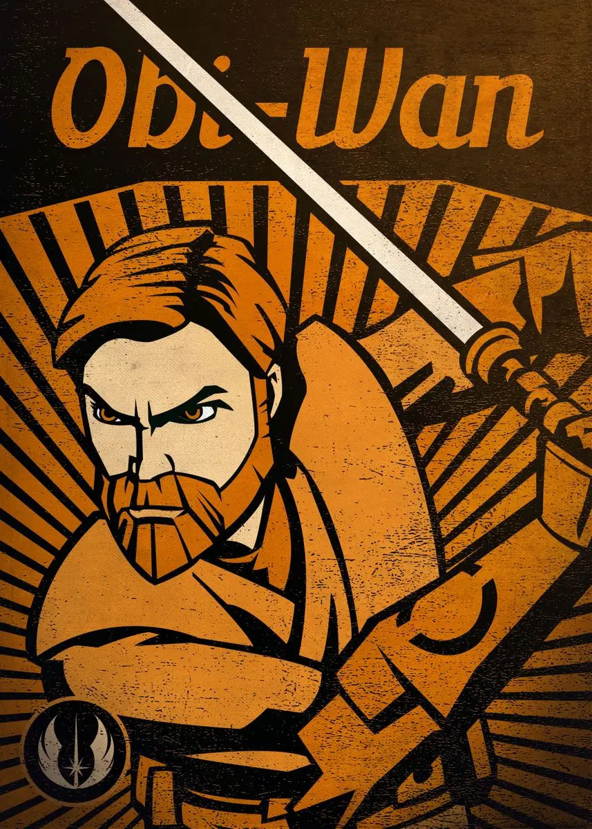 Illustration of a character holding a lightsaber with 'Obi-Wan' text above, in a stylized brown and orange color scheme.