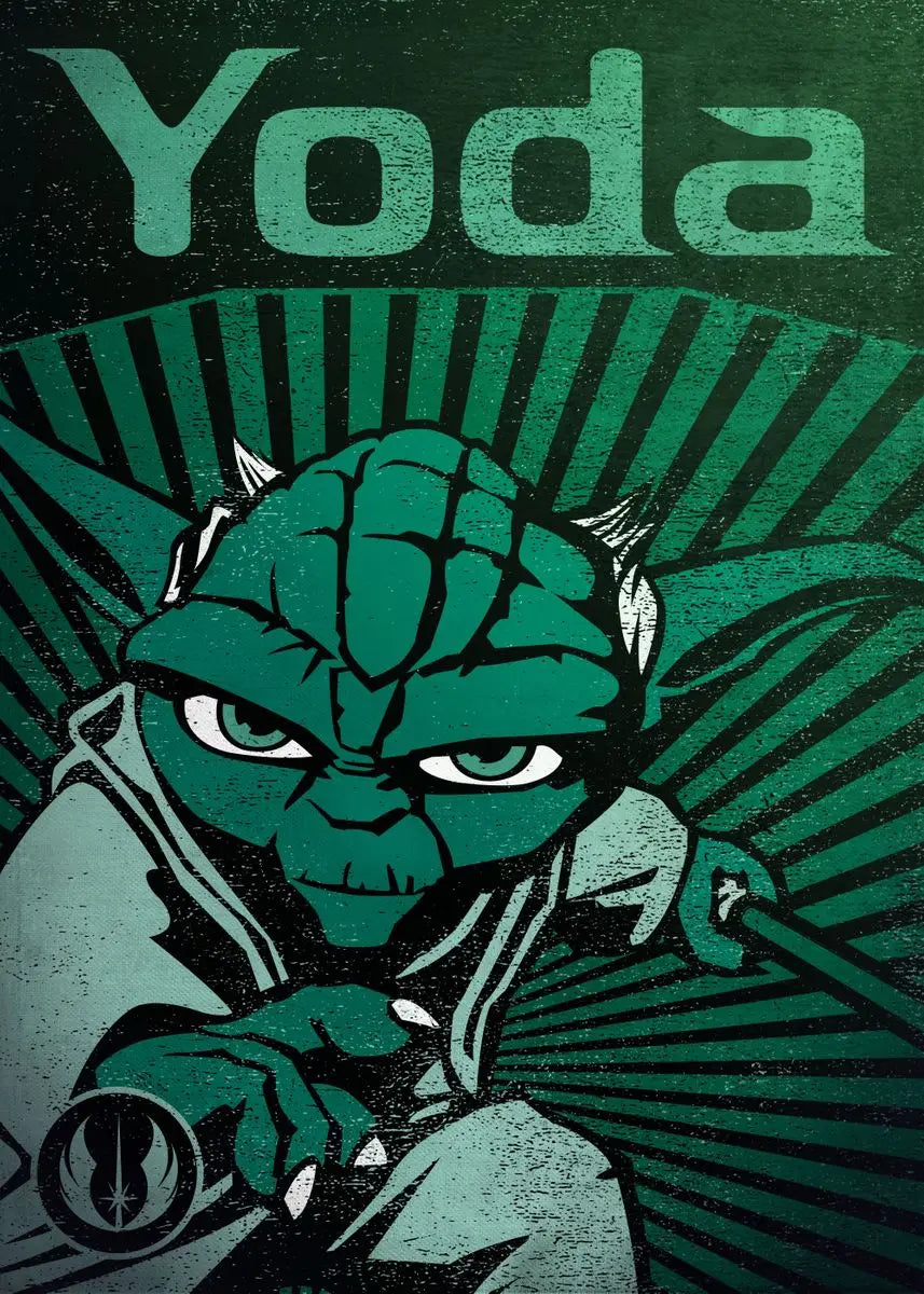 Illustration of Yoda with a green background and 'Yoda' text.