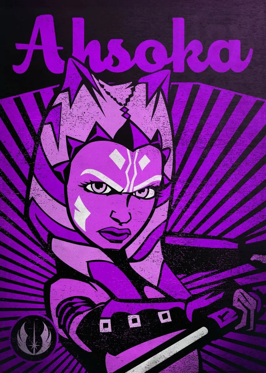Character from 'Star Wars' with 'Ahsoka' text in purple on a dark background