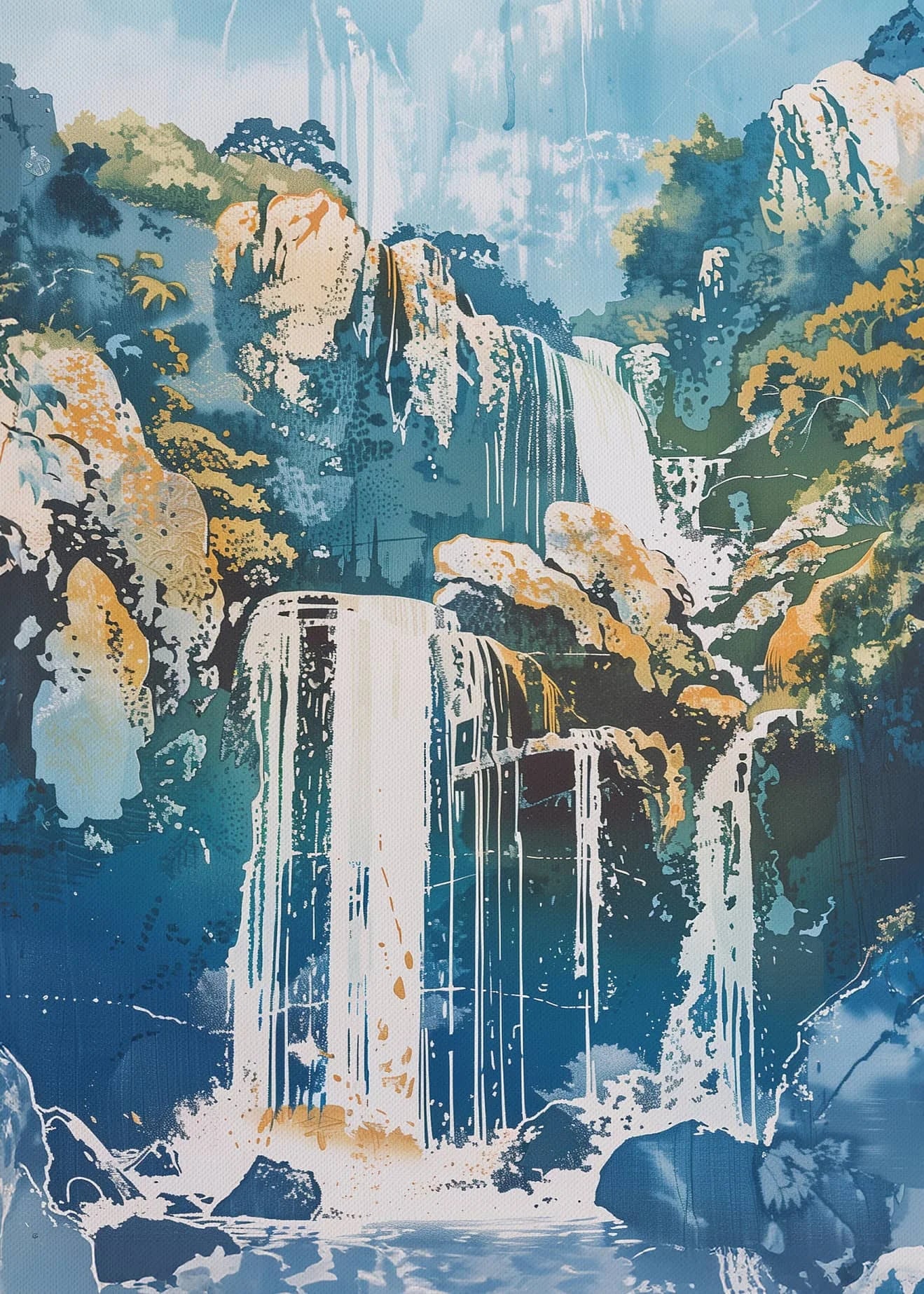 Artistic depiction of a waterfall surrounded by trees and rocks with a blue and green color scheme.