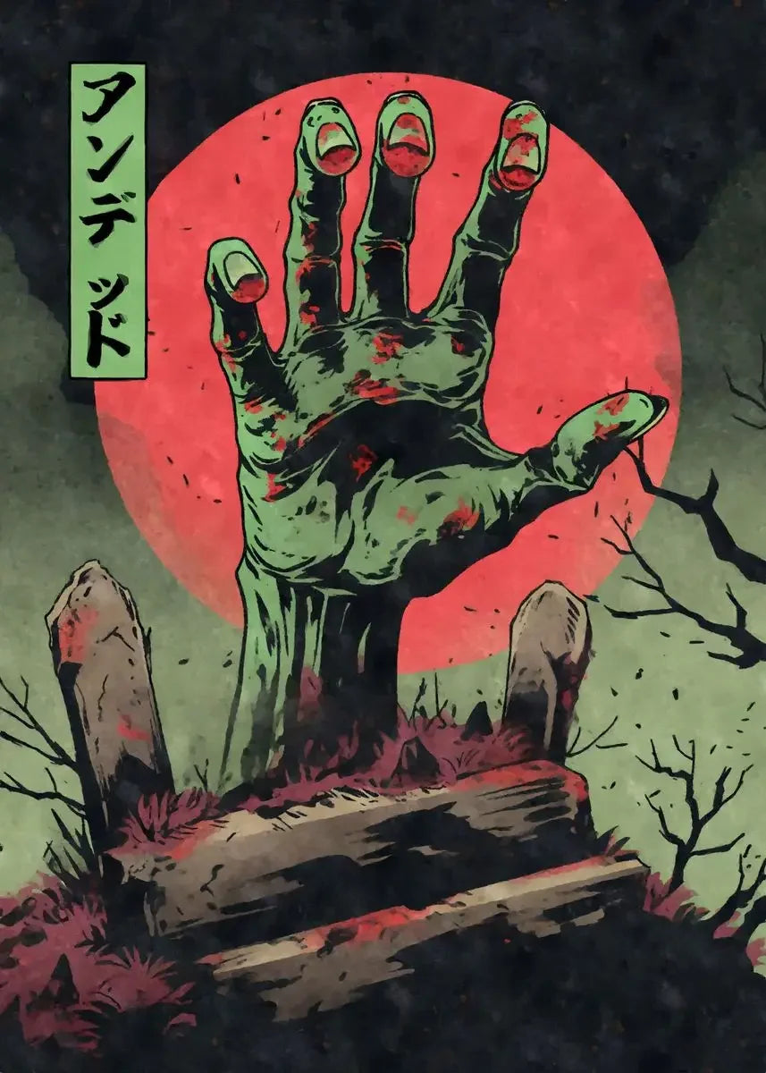 Zombie hand emerging from a grave with a red sun in the background