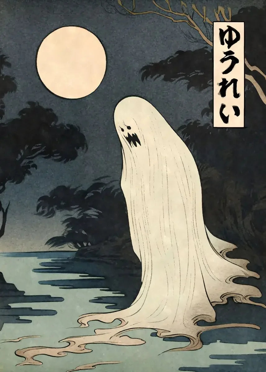 Ghostly figure with long, flowing robe under a full moon in a dark forest setting.