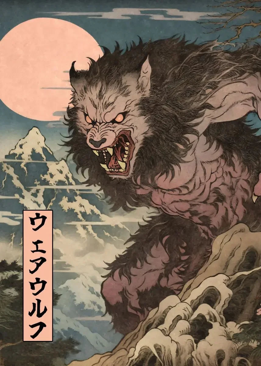 Illustration of a werewolf with Mount Fuji in the background