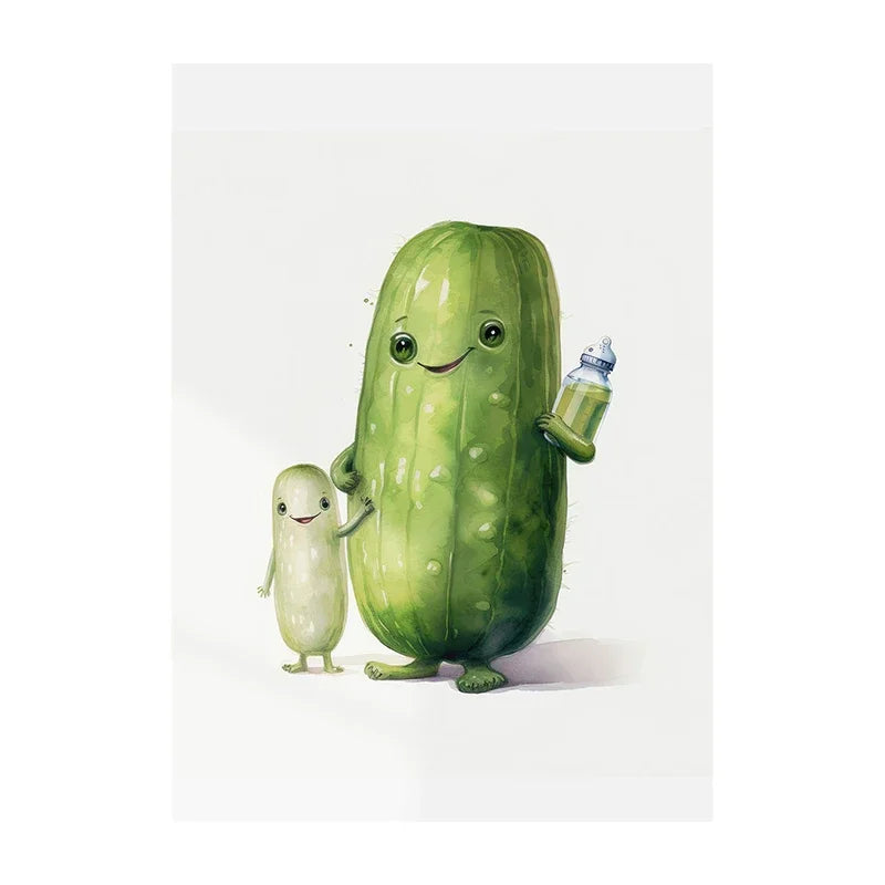 Cartoon pickle with a smaller pickle and a bottle on a white background