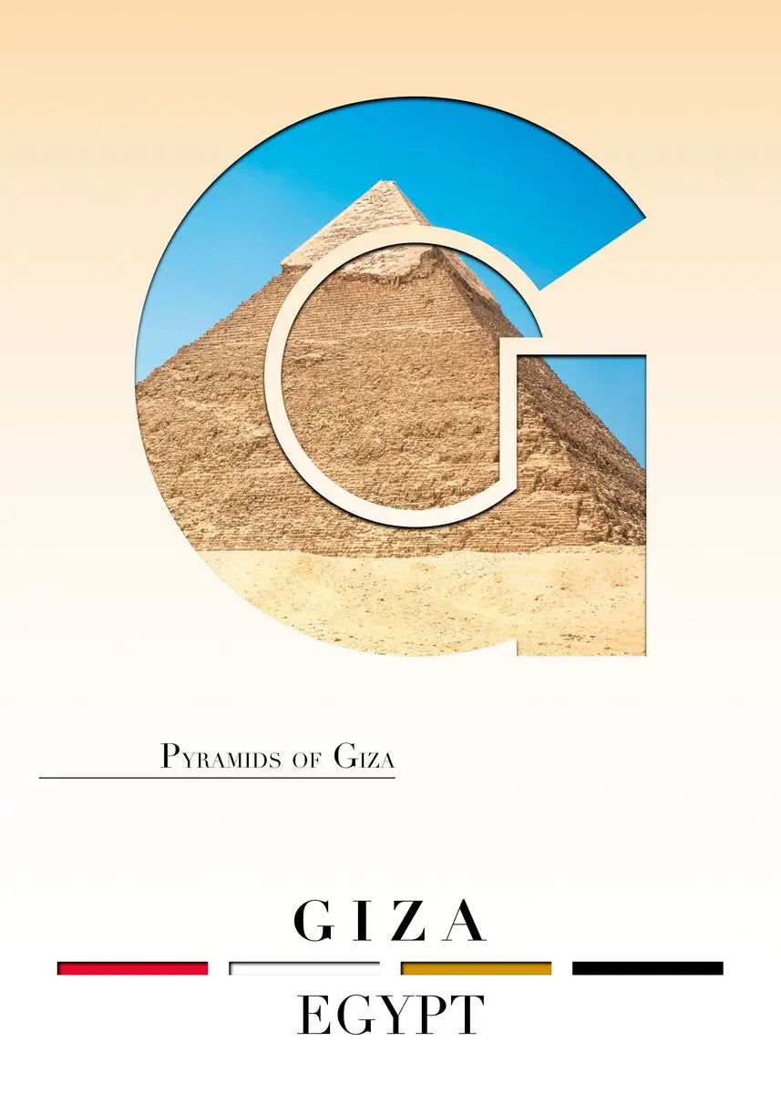 Pyramid with a large letter 'G' overlay on a beige background, featuring text about the Pyramids of Giza in Egypt.