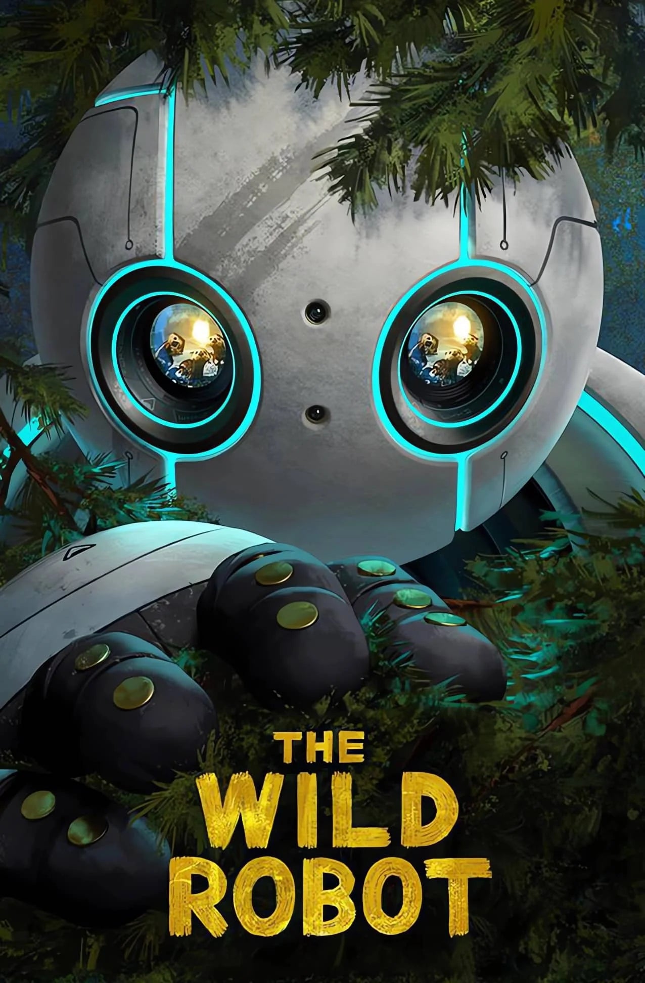Poster of a robot in a forest with 'The Wild Robot' text