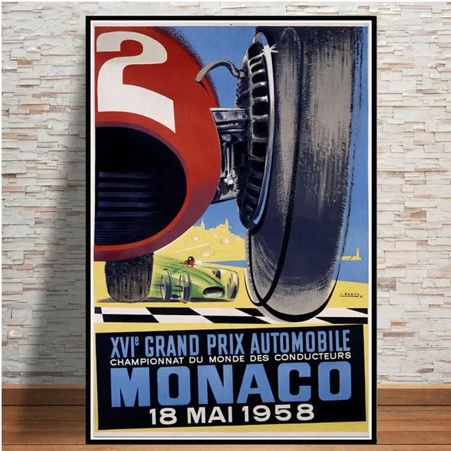 Vintage-style poster for Monaco Grand Prix with car wheel and race track details.