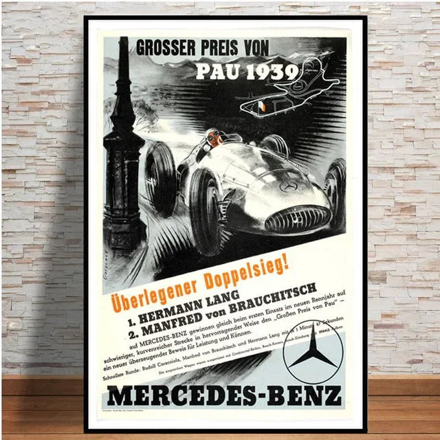 Vintage Mercedes-Benz racing car poster from 1939 on a brick wall background