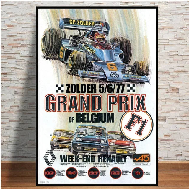 Poster of a vintage Grand Prix of Belgium F1 event with a racing car illustration.