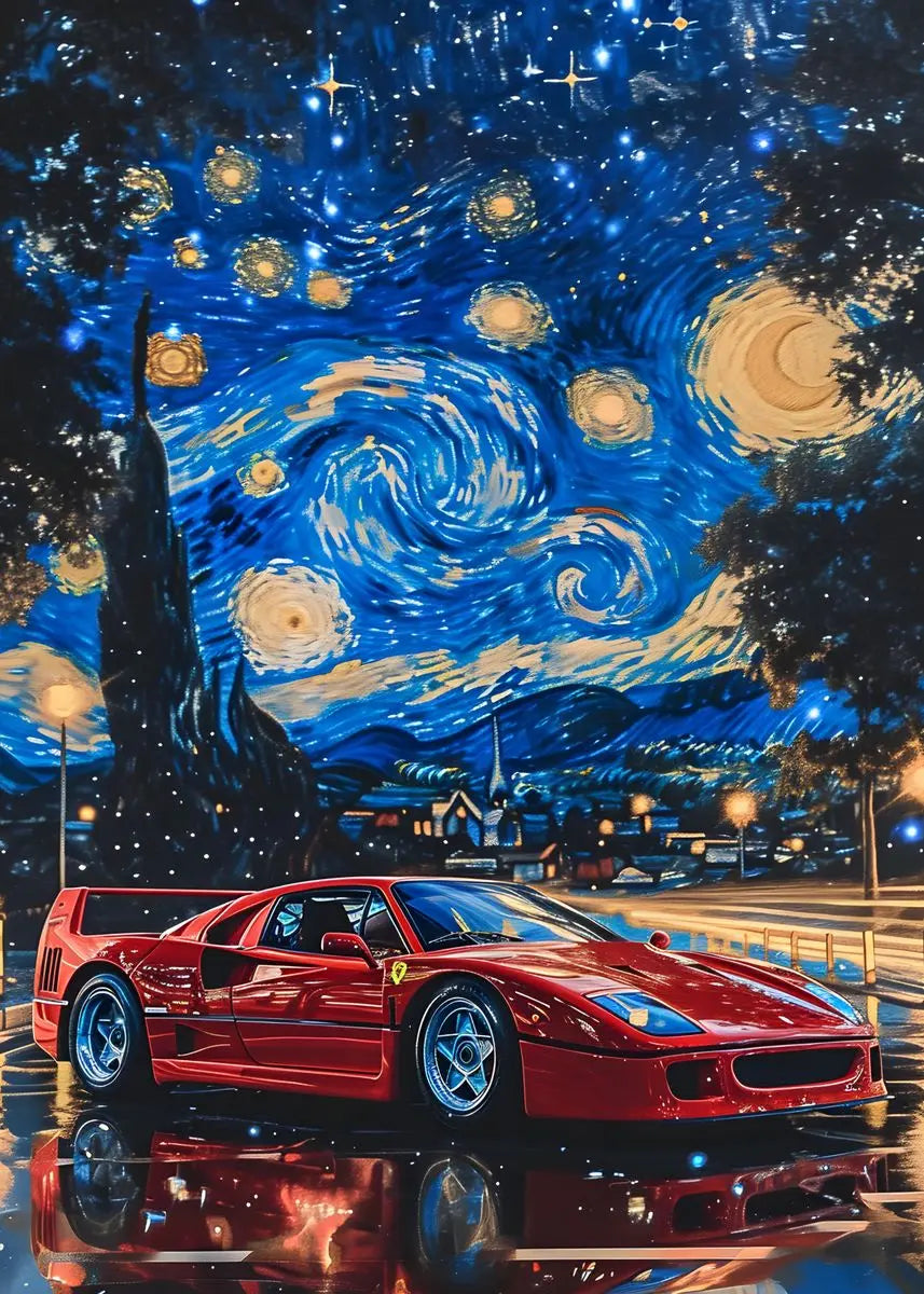Red sports car on a reflective surface with a Starry Night-inspired background