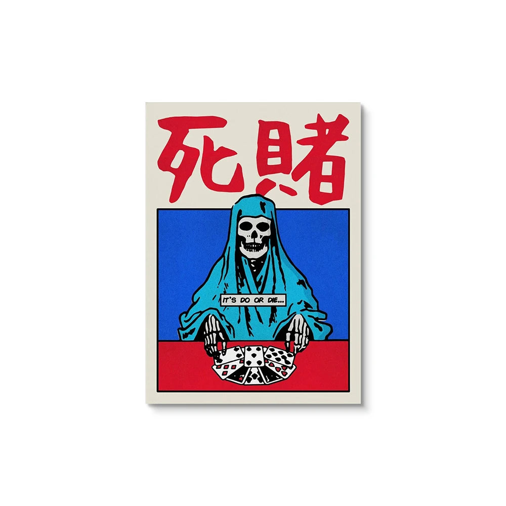 Poster with a skeleton in a blue kimono, red text, and blue background on a beige border.