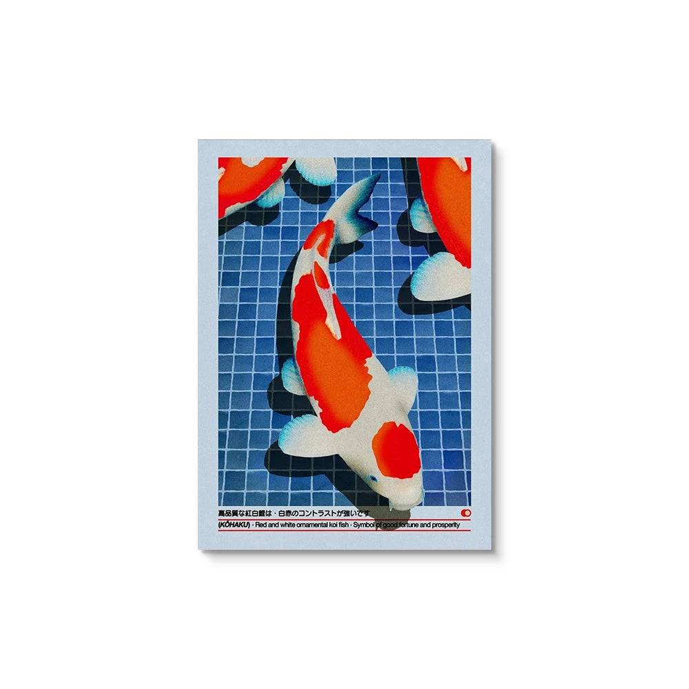 Decorative paper with Koi fish design on a blue grid background