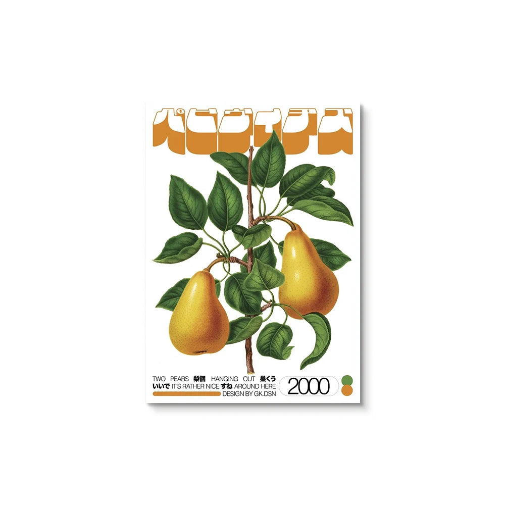 Poster with illustration of pears and leaves on a white background
