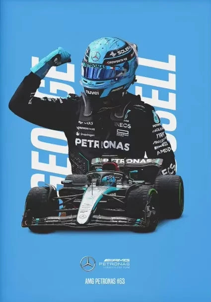 Formula 1 driver in a black and blue racing suit with a car on a blue background