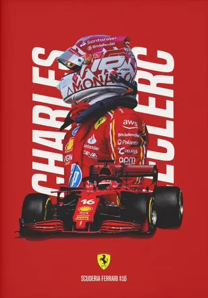 Ferrari Formula 1 car with driver's helmet and name on a red background
