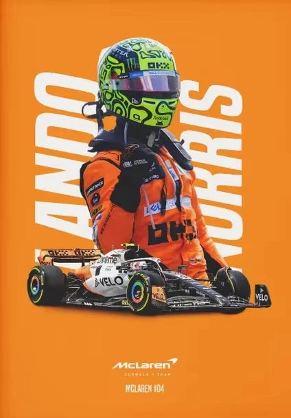 F1 driver in orange suit and helmet with McLaren logo on an orange background