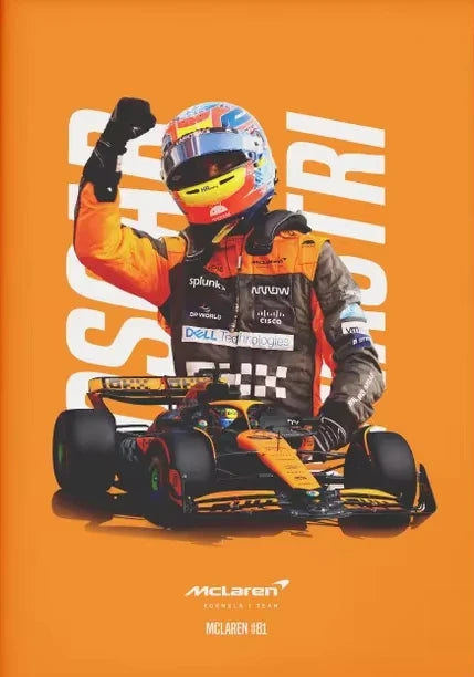 F1 driver celebrating next to a McLaren Formula 1 car on an orange background