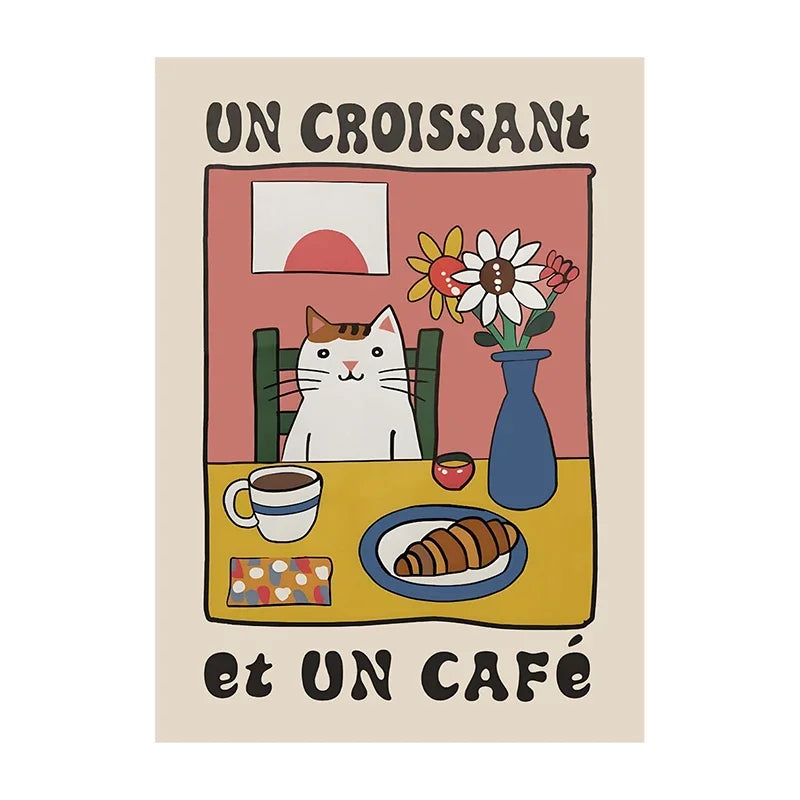 Illustration of a cat at a table with a croissant and coffee, on a beige background.
