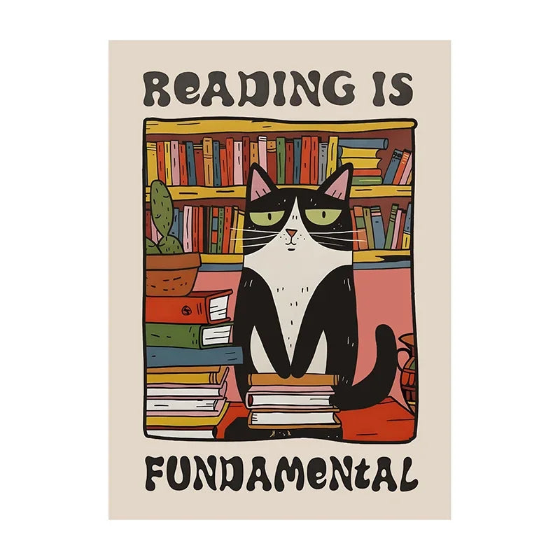 Poster with a cat sitting on books and 'Reading is Fundamental' text.