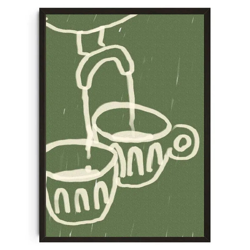 Illustration of a faucet pouring water into two cups on a green background