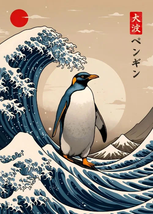 Penguin standing on a wave with Mount Fuji in the background, inspired by 'The Great Wave' by Hokusai.