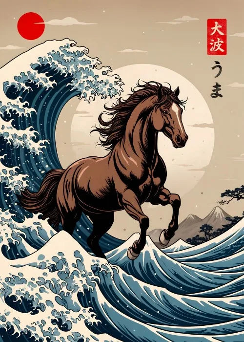 Horse on a wave with Mount Fuji and a red sun in the background