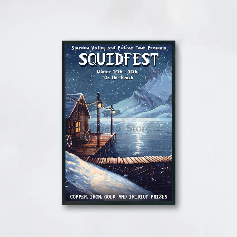 Promotional poster for Squidfest with a cabin by a lake at night.