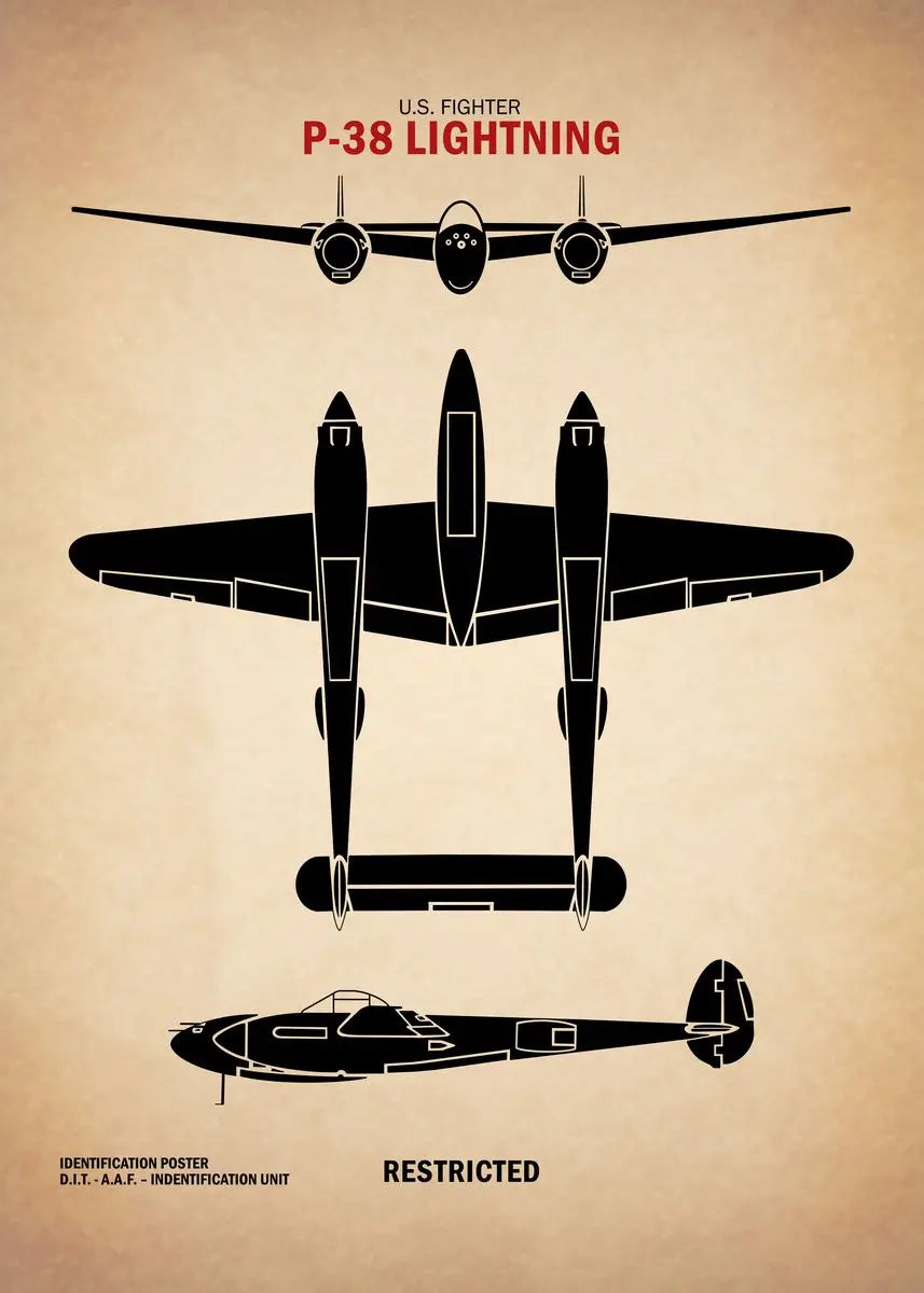 Vintage-style diagram of a P-38 Lightning fighter plane on a beige background