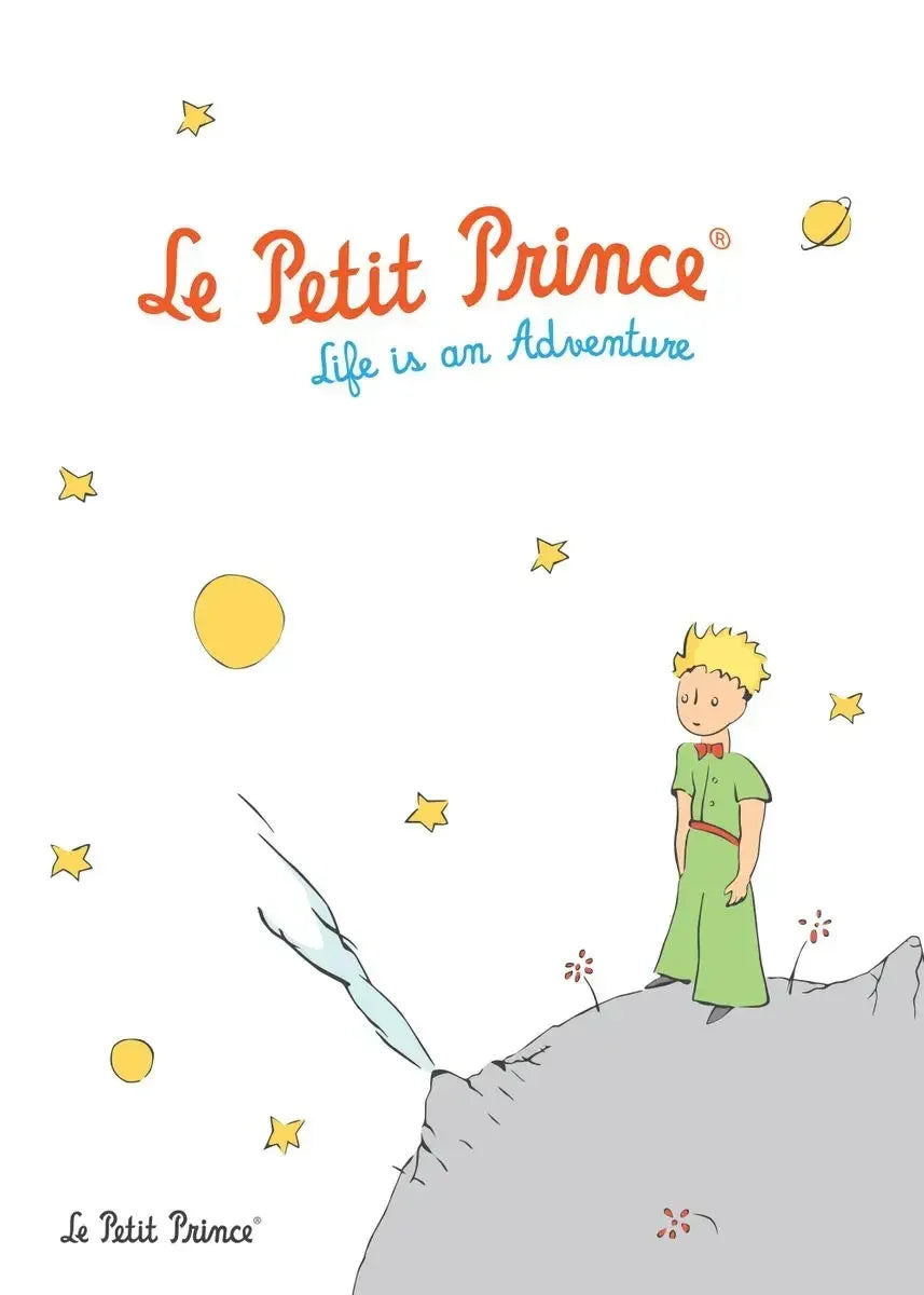 Cover of 'Le Petit Prince' with a child on a rock, stars, and sun.