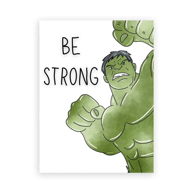 Illustration of a green superhero character with 'Be Strong' text on a white background