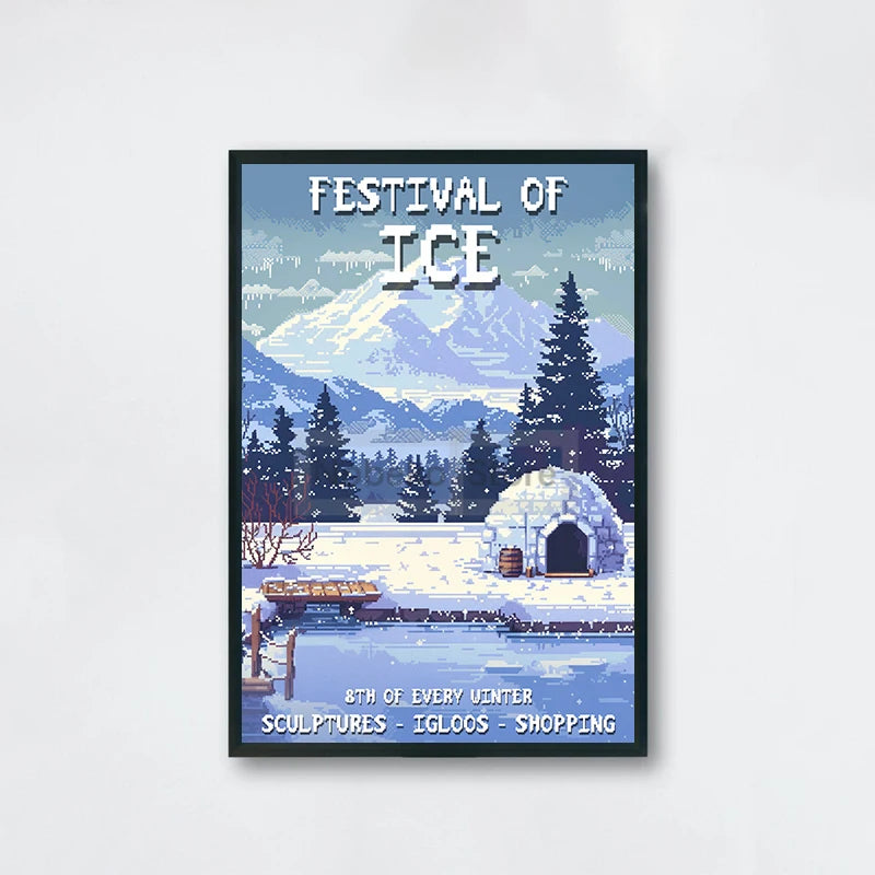 Framed poster of the 'Festival of Ice' with an igloo and snowy landscape.