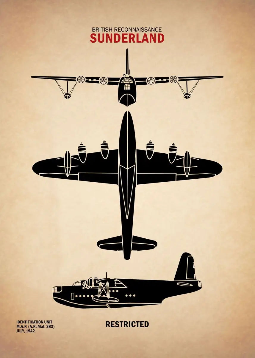 Black silhouette of a British reconnaissance Sunderland aircraft on a beige background with text.