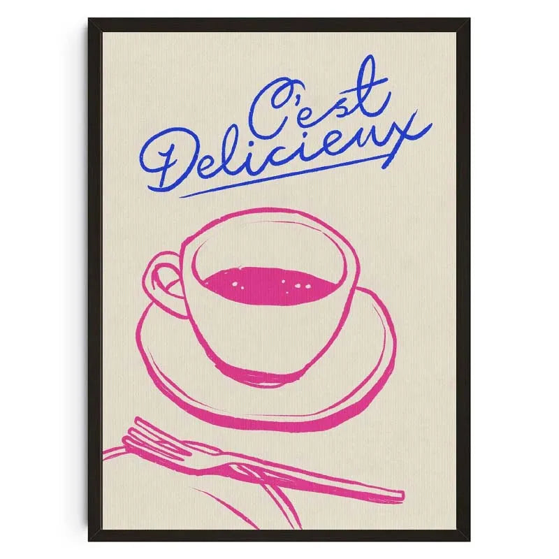 Framed artwork with a pink coffee cup and saucer, fork, and knife illustration and 'C'est Delicieux' text on a beige background.