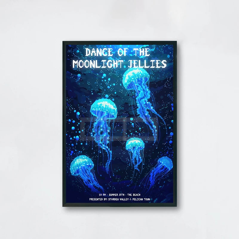Framed poster with glowing jellyfish design and text on a white background