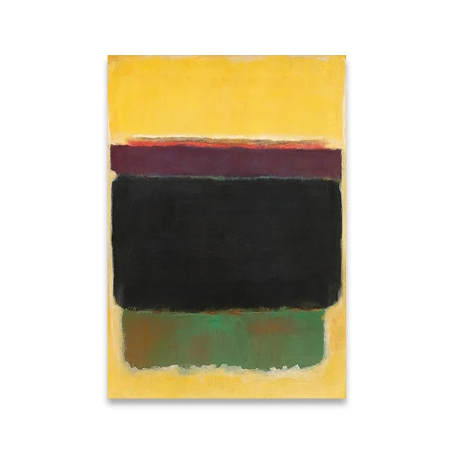 Abstract art piece with black, green, and purple shapes on a yellow background